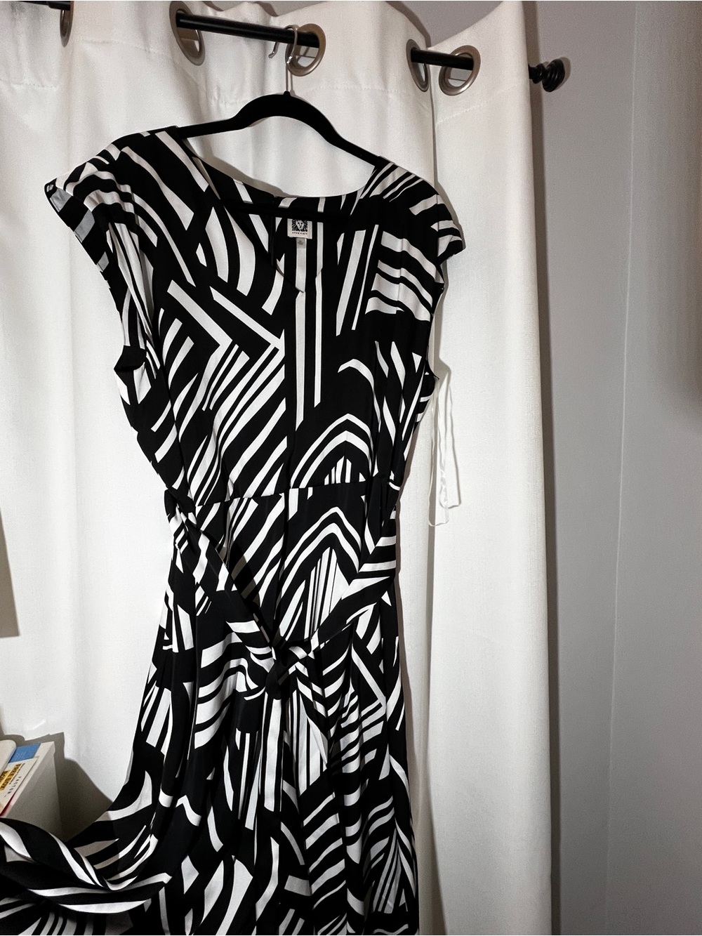 Anne Klein Black and White Geometric Midi Dress with Waist Tie